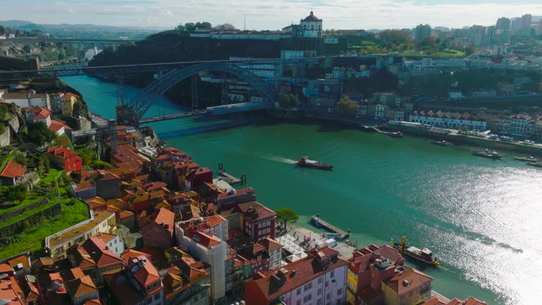 Drone view of Porto downtown with Douro river