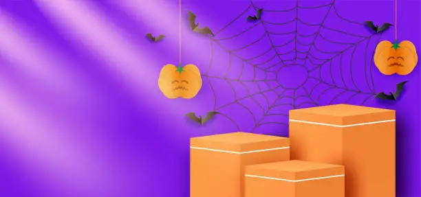 Vector illustration of Halloween Theme product display. Design with pumpkin on purple background. vector.