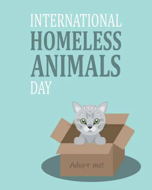 Vector illustration of Pets adoption vector illustration. Cat in a box on isolated background. International homeless animals day conceptsign concept.