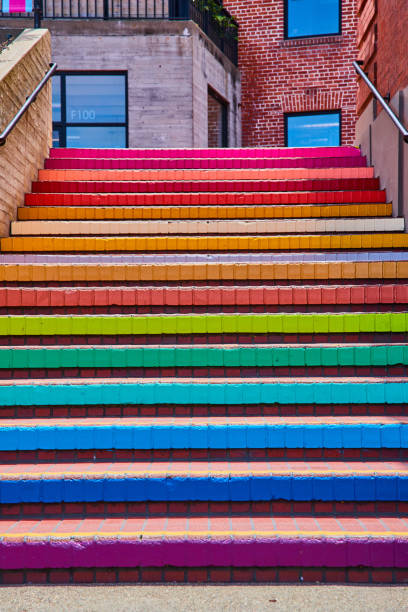 istock Bright sunshine on colorful rainbow painted staircase at Ghirardelli 1629775917