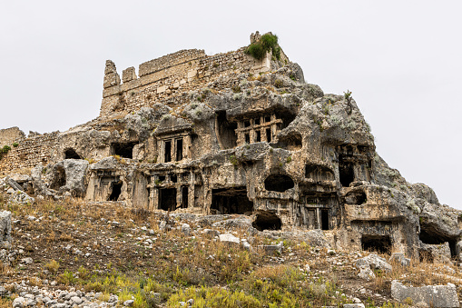 Rock cut tombs in the ancient Lycian City of Tlos, Fethiye, Mugla, Turkey.