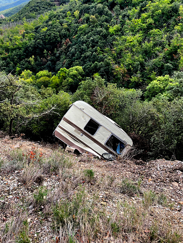 Crashed caravan on a mountain