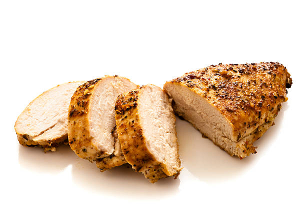 Sliced grilled and seasoned chicken breast Grilled Boneless Chicken breast, isolated on white. chicken breast photos stock pictures, royalty-free photos & images