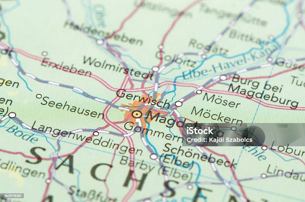 Magdeburg map Focus on Magdeburg on the Map. Source: "World reference atlas" Map Stock Photo
