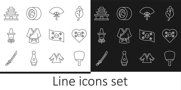 Set line Korean hand fan, Love with heart, Traditional, Kimono, hat, temple, South flag and Sushi icon. Vector Set line Korean hand fan Love with heart Traditional Kimono hat temple South flag and Sushi icon. Vector. ancient chinese weapons stock illustrations