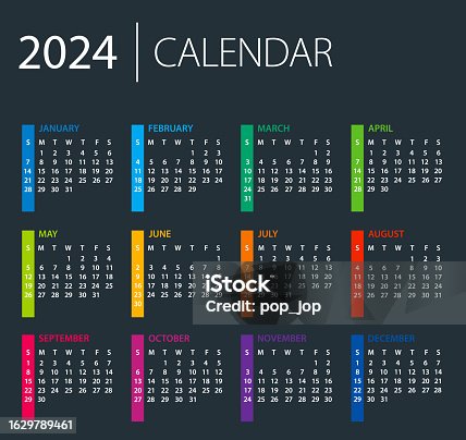 istock Calendar 2024 - color vector illustration. Week starts on Sunday. Dark Background 1629789461