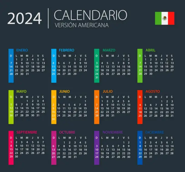 Vector illustration of Calendar 2024 Mexico Latin America - color vector illustration. Spanish Language Version. Dark Background