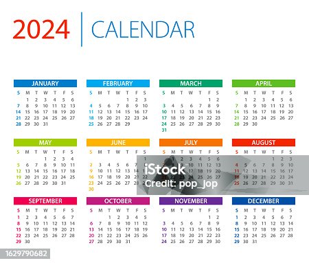 istock Calendar 2024 - color vector illustration. Week starts on Sunday 1629790682