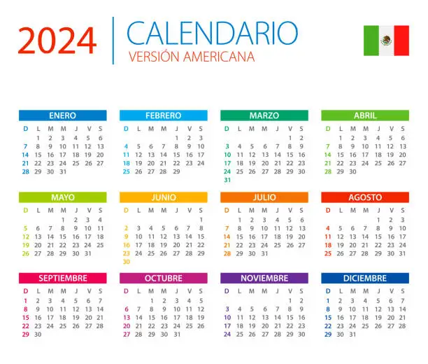 Vector illustration of Calendar 2024 Mexico Latin America - color vector illustration. Spanish Language Version