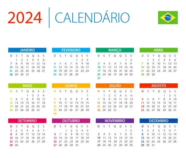 Vector illustration of Calendar 2024 Brazil - color vector illustration. Brazilian Version. Portuguese language