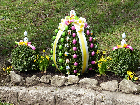 Easter decoration with easter eggs and ribbons in Tiefenpölz, Upper Franconia, Bavaria