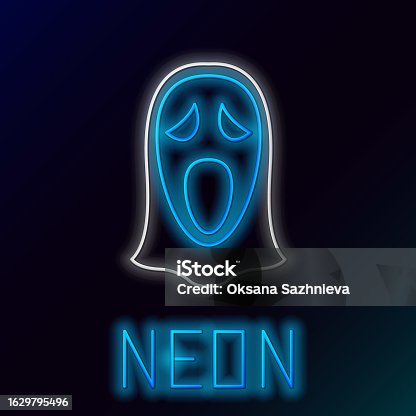 istock Blue glowing neon line Funny and scary ghost mask for Halloween icon isolated on black background. Happy Halloween party. Colorful outline concept. Vector Illustration 1629795496