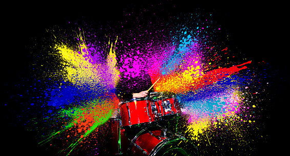 Drum stick drumming hit beat rhythm on drum surface with splash painting drops. Abstract contemporary art collage, design about rock music