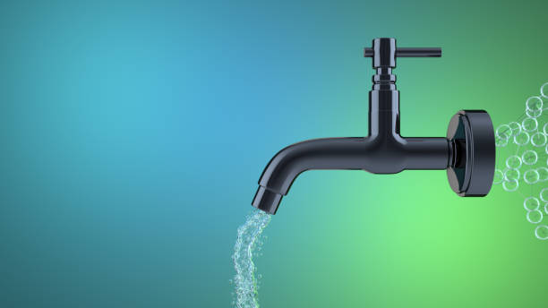 istock Save water. Careful consumption and saving resources. faucet with water drop. Sustainable Resources 1629801976
