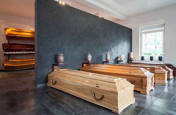 istock Funeral home with wooden coffin 162981003