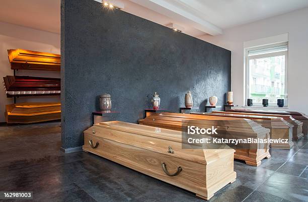 Funeral Home With Wooden Coffin Stock Photo - Download Image Now - Funeral Parlor, Coffin, Business