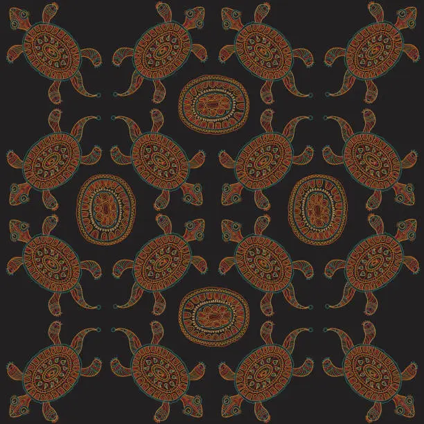 Vector illustration of Vector Seamless pattern from ornate turtles with colorful doodle ethnic ornaments on a black background