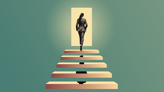 Businesswoman walking up the stairs to the door to achieve success, goal and career growth, illustration flat design, graphic, green background