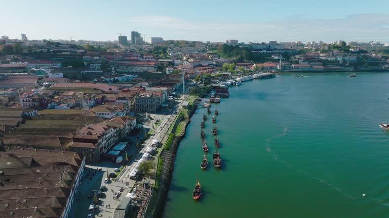 Drone view of Ribeira District of Porto, Portugal