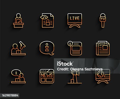 istock Set line Television report, News, Breaking news, Antenna, Information, and icon. Vector 1629878884
