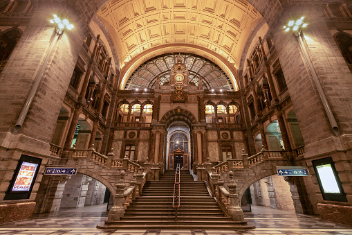 Antwerp, Belgium, November 14, 2021; Hall of the Central Railway Station in Antwerp.