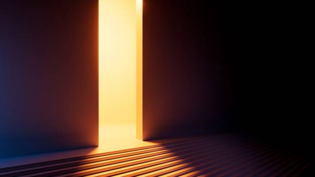 3d render, abstract geometric background. Warm orange light going through the door portal inside the empty dark room with steps