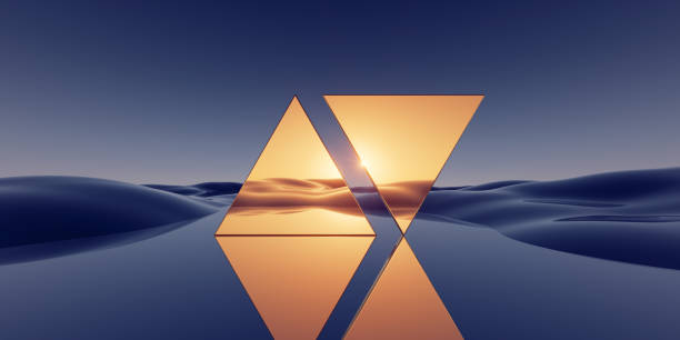 istock 3d render. Abstract minimalist background of fantastic sunset landscape, golden triangular flat mirrors, hills and reflection. Surreal aesthetic wallpaper 1629898312
