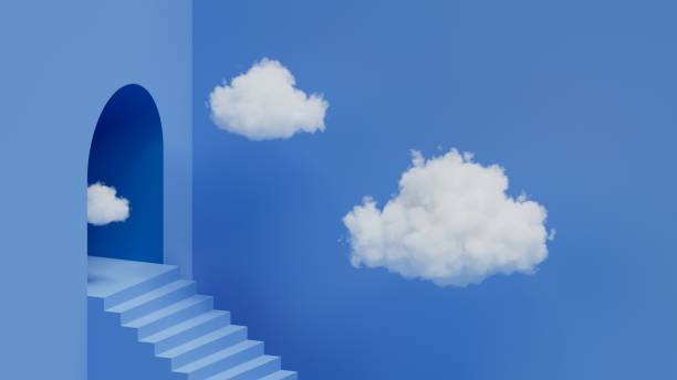 istock 3d render, abstract blue background. White clouds flying inside the blue room with arch portal and steps. Minimalist wallpaper 1629898354