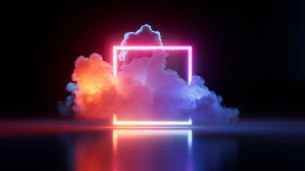 istock 3d render, illuminated cloud and colorful neon square glowing in the dark room, abstract geometric background. Minimalist fantastic wallpaper. Rectangular frame blank banner 1629898872