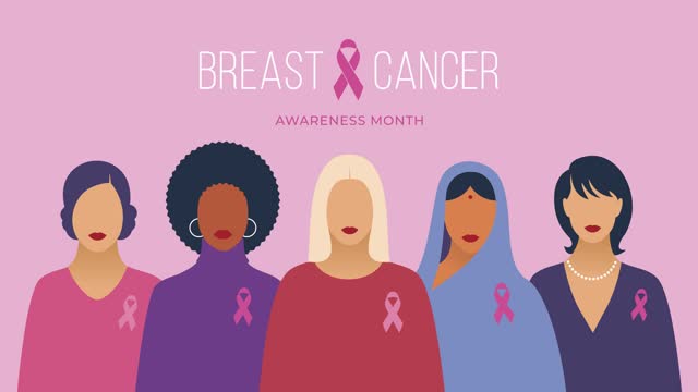 Breast cancer awareness month and diverse ethnic women with pink support ribbon.  4k animation.