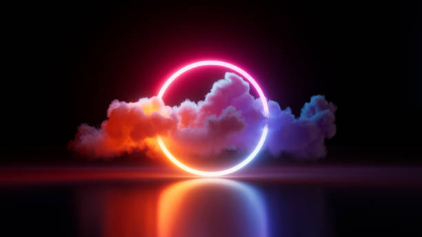 istock 3d render, illuminated cloud and colorful neon ring glowing in the dark room, abstract minimalist background. Round frame blank banner. Fantastic geometric wallpaper. 1629898882