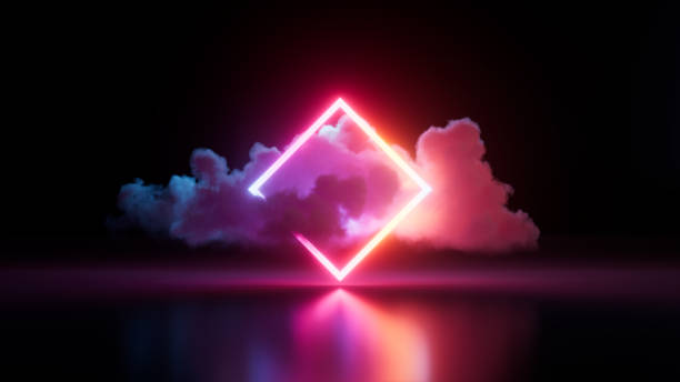 istock 3d render, abstract minimalist geometric background. Illuminated cloud and colorful neon rhombus frame glowing in the dark. Futuristic wallpaper 1629898898