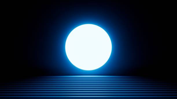 istock 3d render, abstract minimalist blue geometric background. Bright light. Round shape glowing in the dark 1629899432