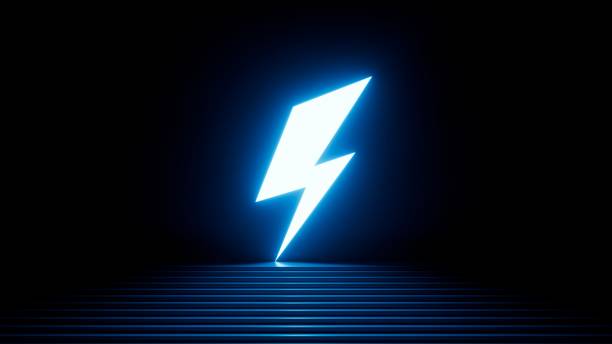 istock 3d render, abstract minimalist blue background. Bright light. Lightning symbol, thunder sign. Simple geometric shape glowing in the dark 1629899691