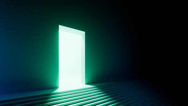 istock 3d rendering, abstract minimalist geometric background. Bright daylight, green neon light. Doorway portal glowing in the dark 1629899966