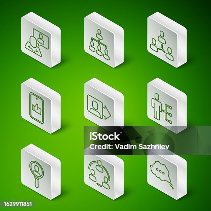 istock Set line Speech bubble chat, Project team base, Head hunting, Team leader, Hand like, Hierarchy organogram chart, Search people and User of man business suit icon. Vector 1629911851