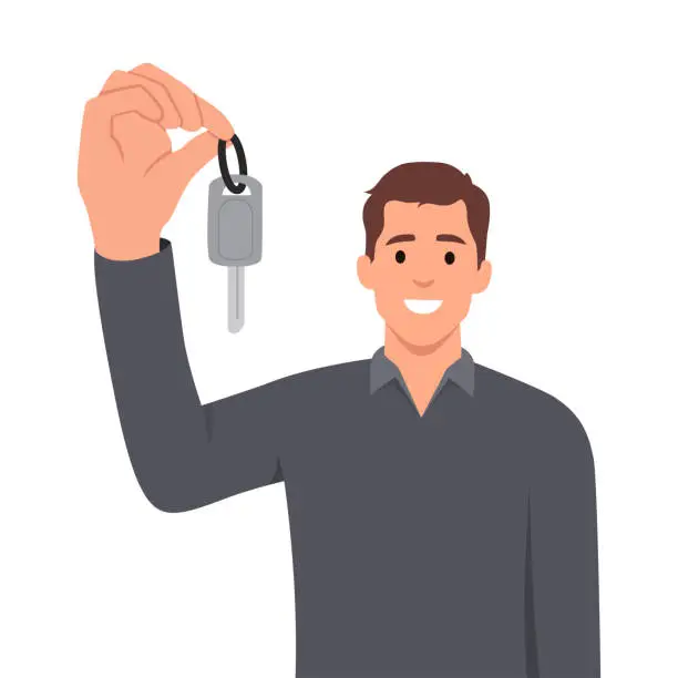 Vector illustration of Happy man showing off car keys after getting loan or leasing to buy new car. Guy selling automobile dealership with smile recommends purchasing new auto model in good configuration at bargain price.