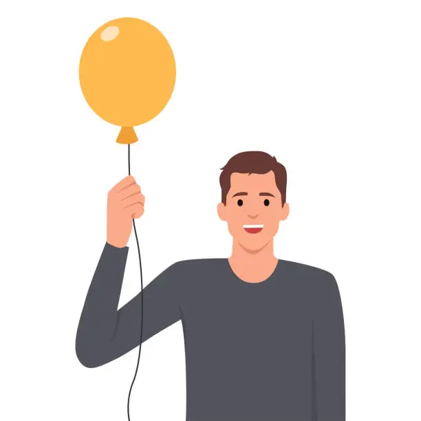 Vector illustration of Photo portrait of mature attractive male hold air balloon toothy beaming smile.