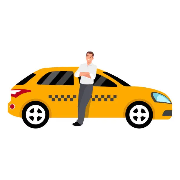 Vector illustration of Taxi Driver with Car Isolated Cartoon Character. Happy Cab Driver Standing near Car, Showing Thumbs Up Flat Illustration. Transport Booking.