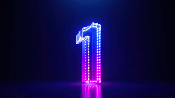 istock 3d rendering, pink blue neon number one, isolated on dark blue background with reflection. Digital sign 1 glowing in ultraviolet light 1629937416