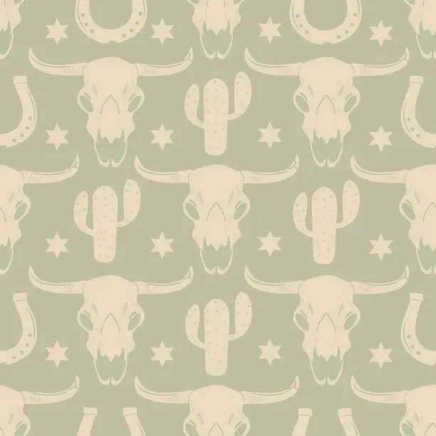 Vector illustration of Сute seamless pattern of skulls bull, cacti on a green background. Western pattern design. America tribal wallpaper. Vector illustration.