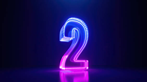 istock 3d rendering, pink blue neon number two, isolated on dark blue background with reflection. Digital sign 2 glowing in ultraviolet light 1629937948