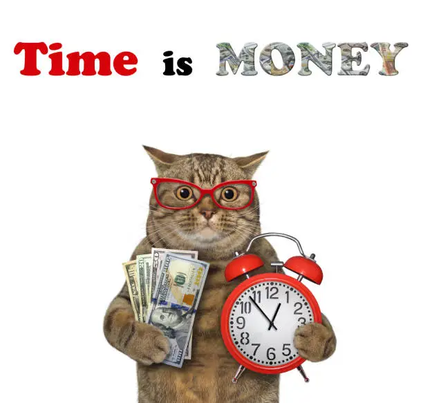 Photo of Cat with alarm clock and dollars