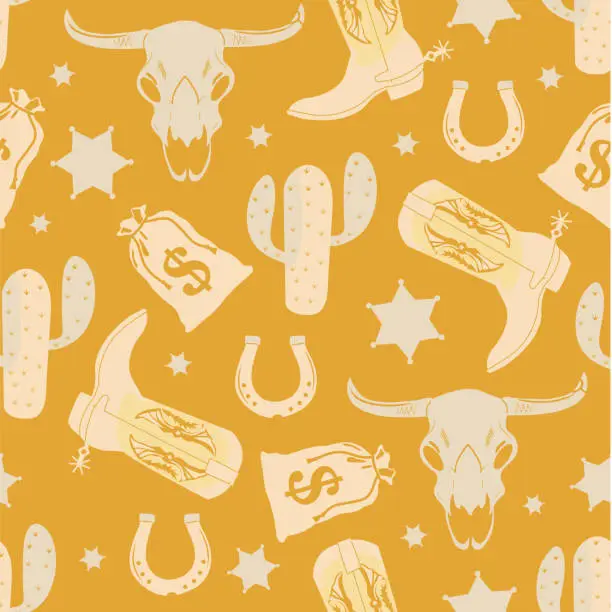 Vector illustration of Wild West fashion style. Boots, horseshoe, stars, cactus, dollars. Vector seamless pattern. Backgrounds, wallpapers