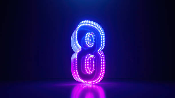 istock 3d rendering, pink blue neon number eight, isolated on dark blue background with reflection. Digital sign 8 glowing in ultraviolet light 1629938506