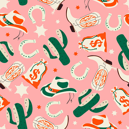 Wild West fashion style. Boots, horseshoe, stars, cactus, hat. Vector colored seamless pattern. Backgrounds, wallpapers