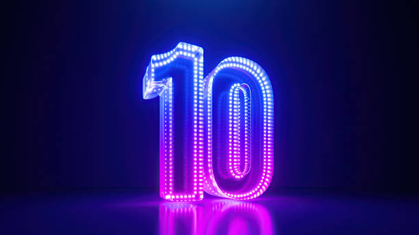 istock 3d rendering, pink blue neon number ten, isolated on dark blue background with reflection. Digital sign 10 glowing in ultraviolet light 1629939006