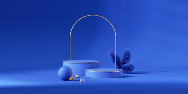 istock 3d render, blue Christmas background with empty stage, golden round arch, festive ornaments and spruce twigs. Minimalist holiday showcase for product presentation 1629939620