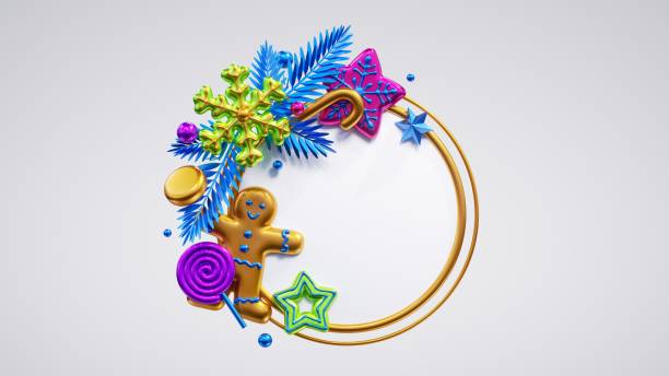 rendering 3d, modello di biglietto di auguri di natale. cornice rotonda vuota con spazio per copia, decorata con ornamenti metallici festivi, giocattolo di pan di zenzero, bastoncino di zucchero, ramoscelli di abete. clipart isolata su sfondo bianco - falling candy christmas candy cane foto e immagini stock