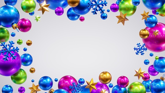 3d render, abstract fun Christmas background, blank frame decorated with assorted colorful metallic ornaments and glass balls. New Year festive wallpaper